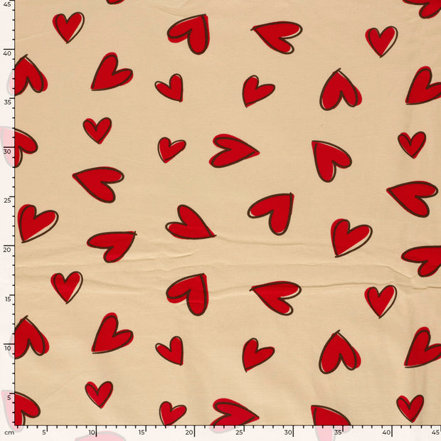 French Terry fabric Hearts Beige