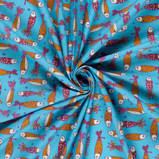 Popeline de Coton tissu Bleu Ciel imprimé 