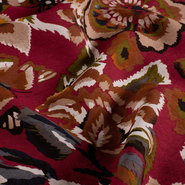 Viscose Nylon Crepe fabric Flowers Bordeaux