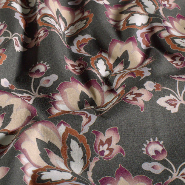 Cotton Poplin fabric Flowers Dark Grey