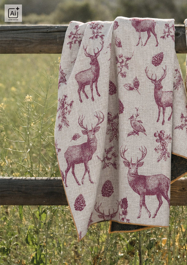 Linen Look fabric Deer Dark Red