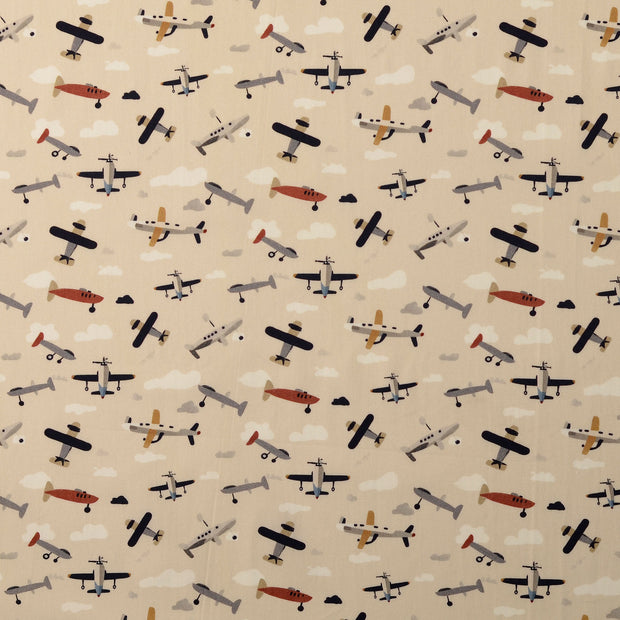 Cotton Poplin fabric Aeroplanes Off White