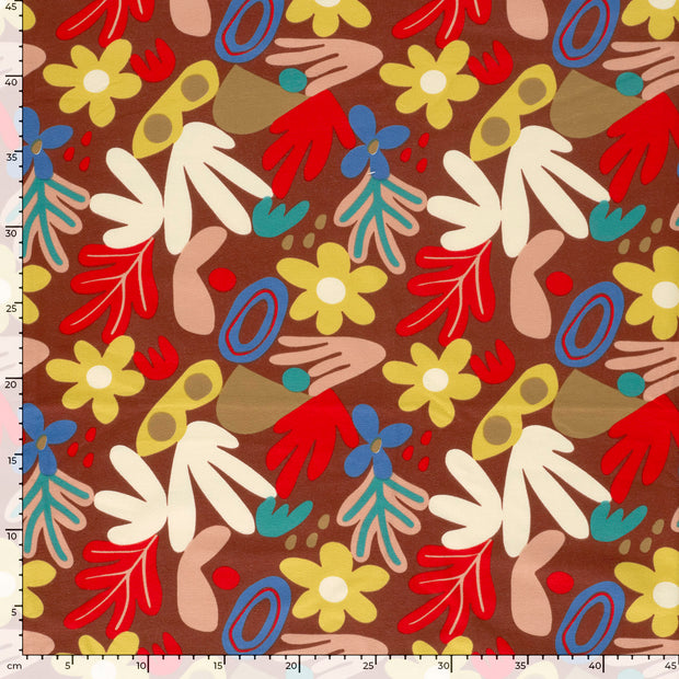 French Terry fabric Flowers Dark Red