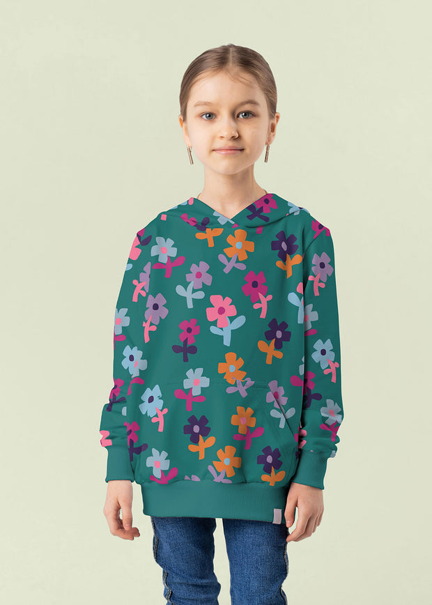 French Terry fabric Flowers Petrol
