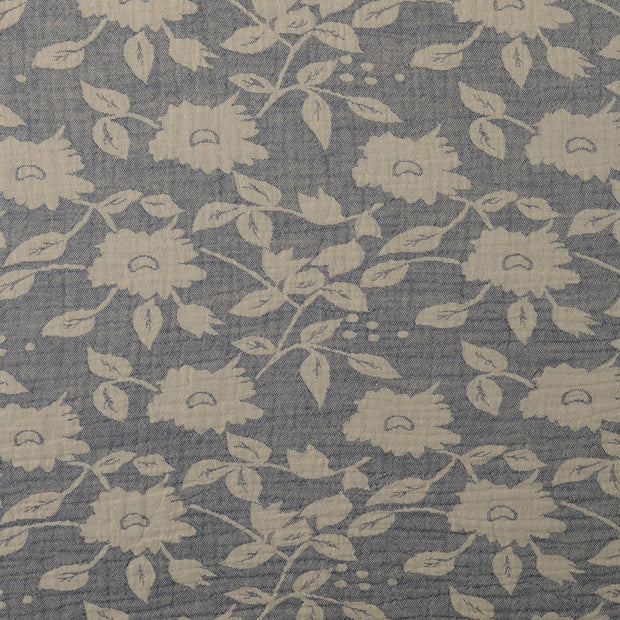 Double gaze tissu fleurs Indigo