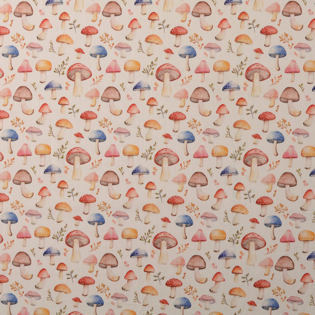 Cotton Poplin fabric Mushrooms White