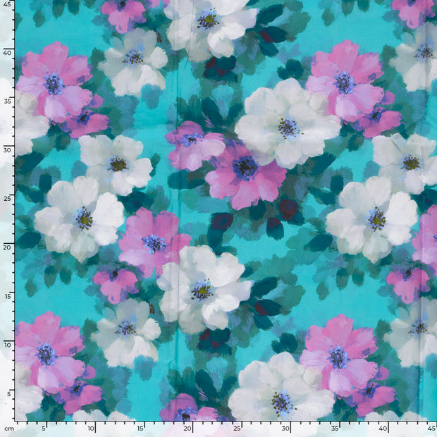 Voile fabrik Blumen Petrol
