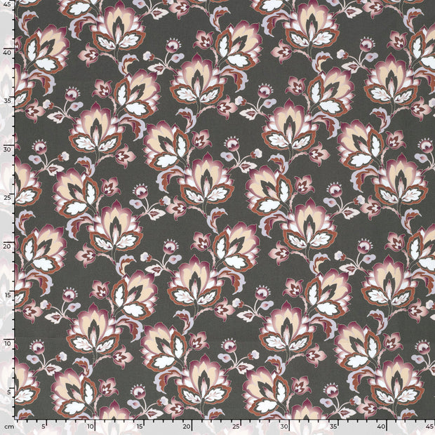 Cotton Poplin fabric Flowers Dark Grey