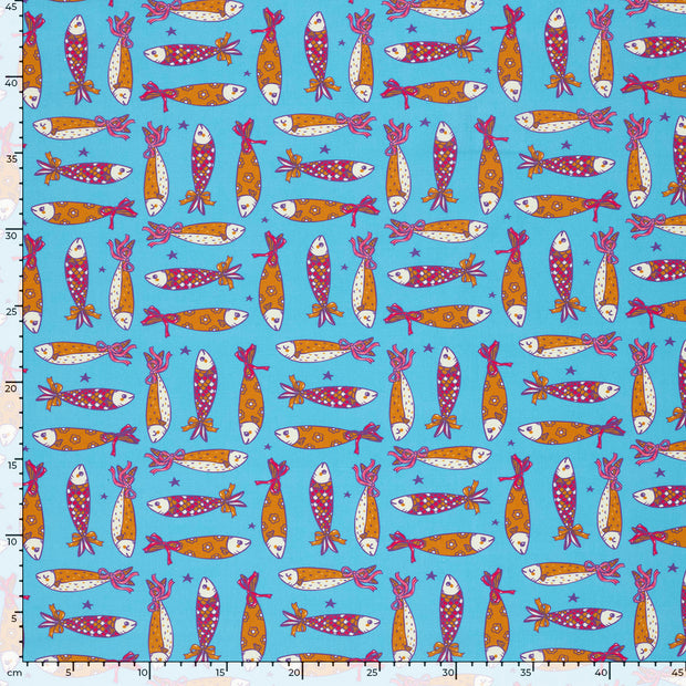 Popeline de Coton tissu poissons Bleu Ciel