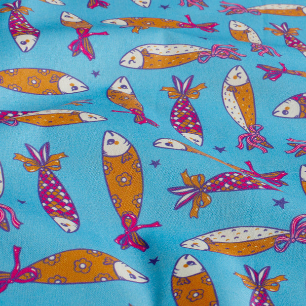 Popeline de Coton tissu poissons Bleu Ciel