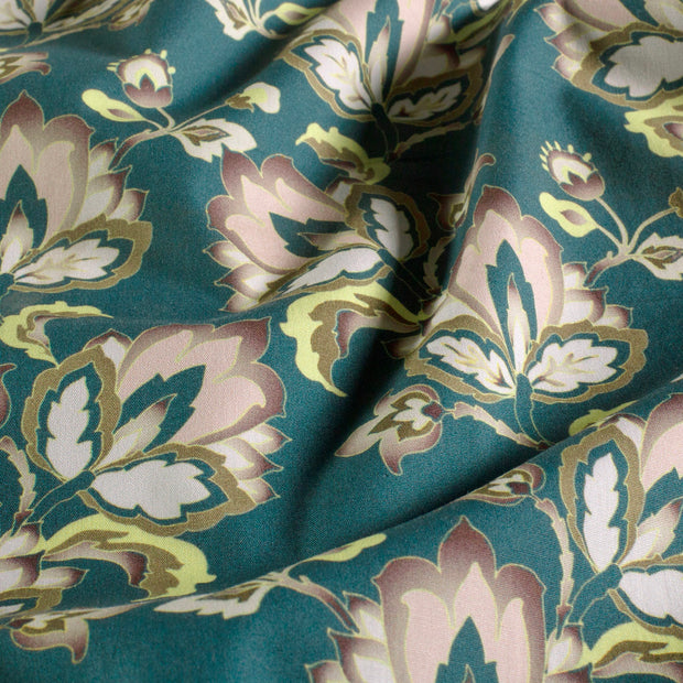 Cotton Poplin fabric Flowers Petrol