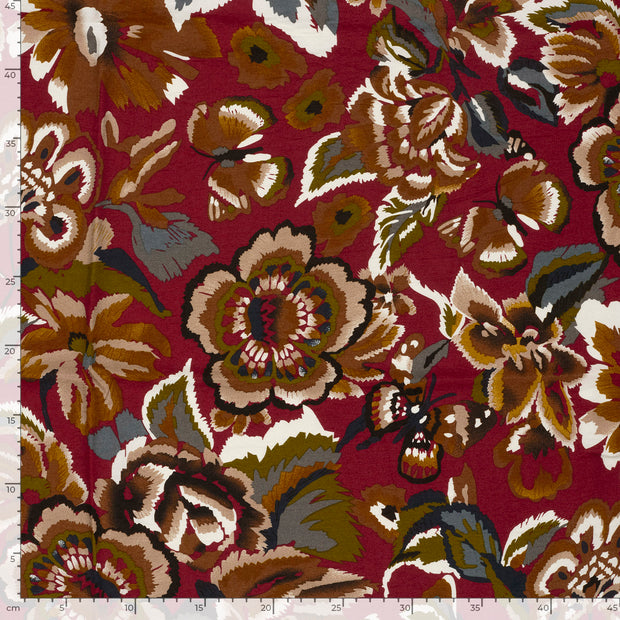 Viscose Nylon Crepe fabric Flowers Bordeaux