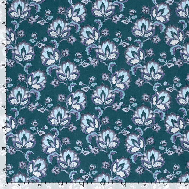 Cotton Poplin fabric Flowers Steel Blue