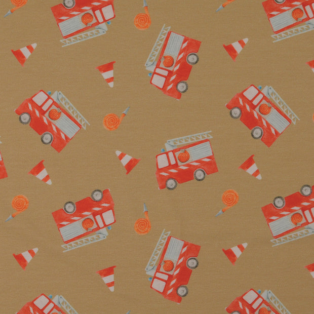 Jersey fabric Firetrucks Beige
