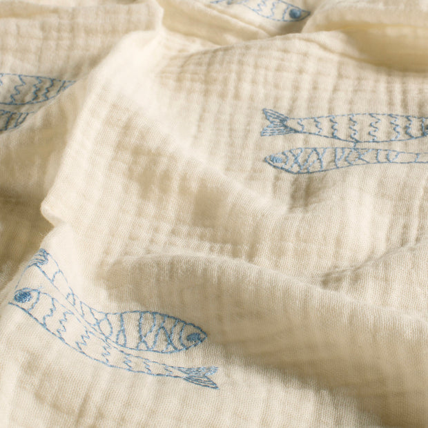 Muslin fabric Fish Light Blue